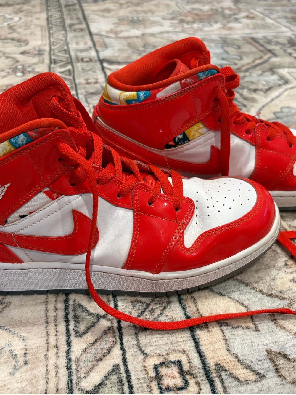 Nike Kids Red and White High-Top Sneakers with Colorful Collar
